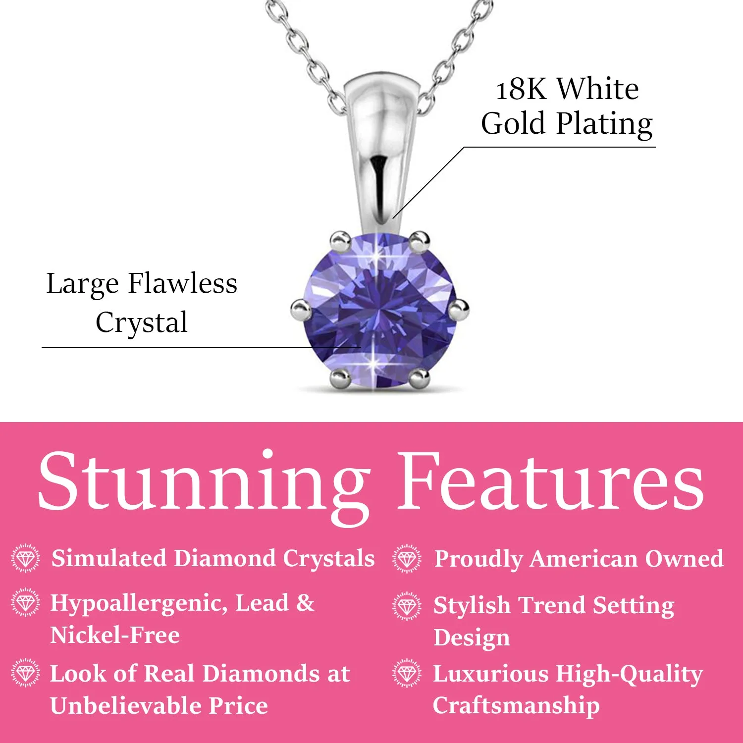 February Birthstone Amethyst Necklace, 18k White Gold Plated Solitaire Necklace with 1CT Crystal