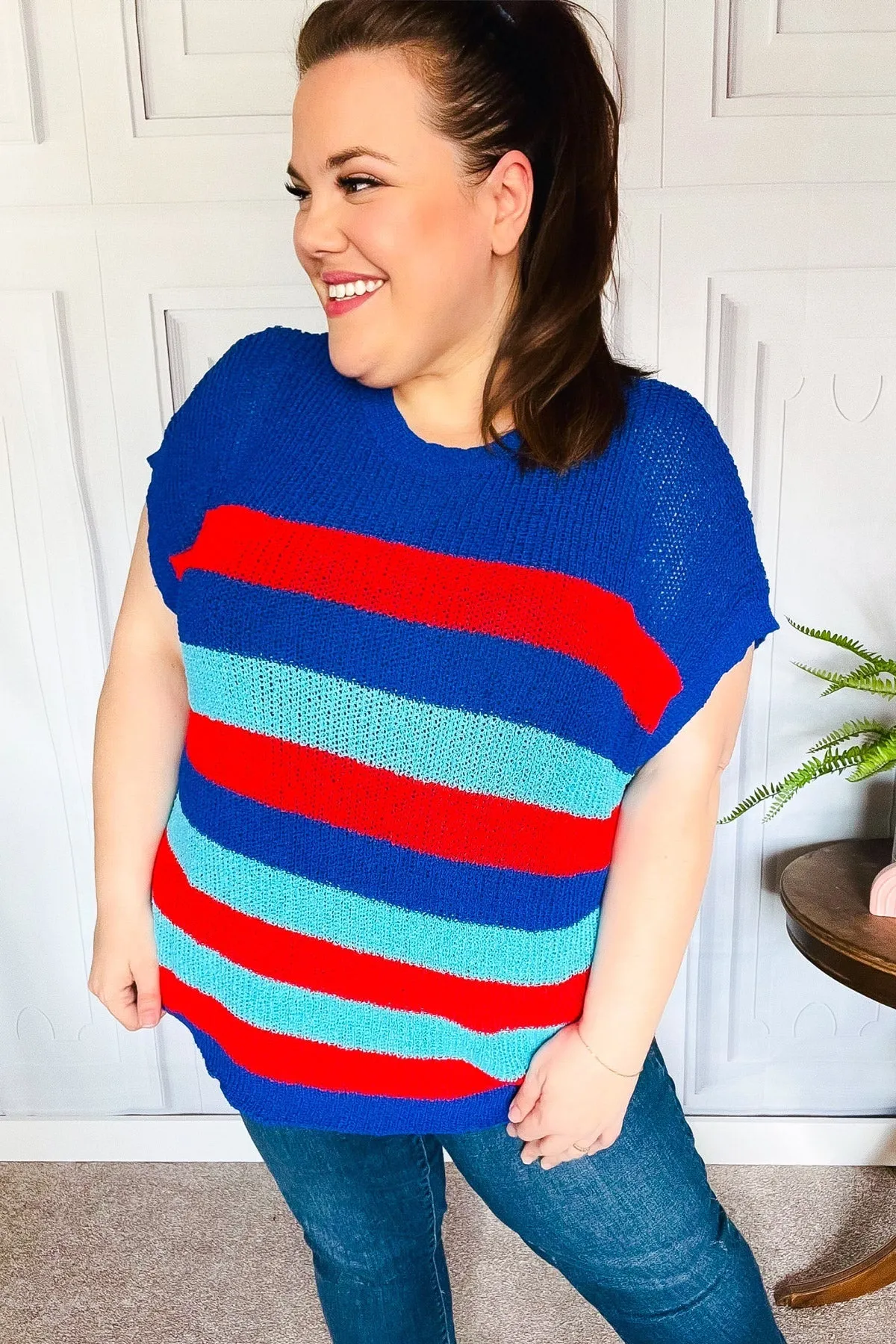 Forget Me Not Royal Blue Stripe Short Sleeve Dolman Sweater (Shipping in 1-2 Weeks)