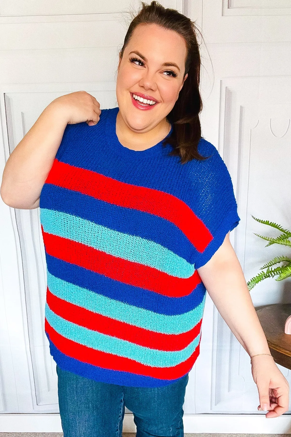 Forget Me Not Royal Blue Stripe Short Sleeve Dolman Sweater (Shipping in 1-2 Weeks)