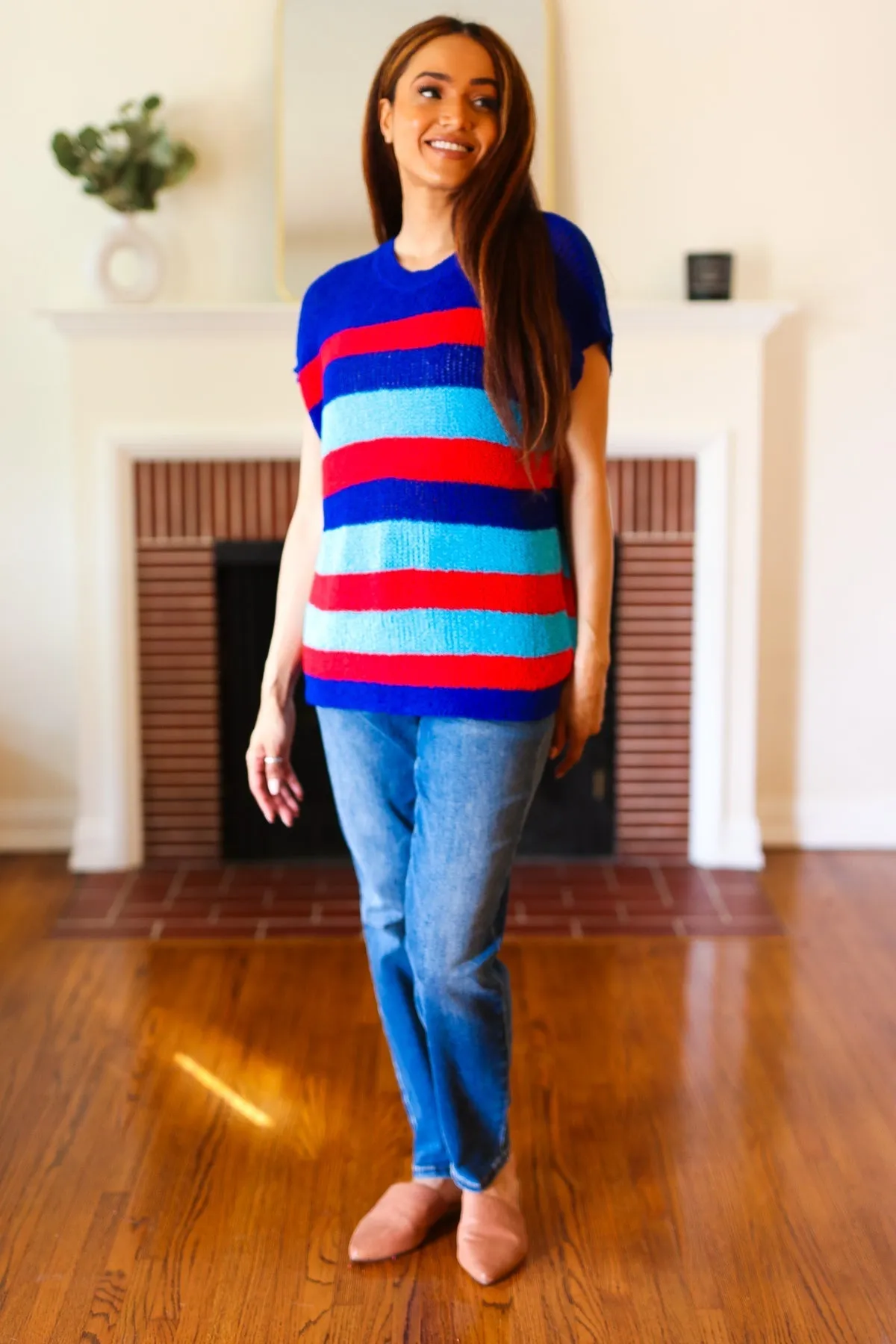 Forget Me Not Royal Blue Stripe Short Sleeve Dolman Sweater (Shipping in 1-2 Weeks)