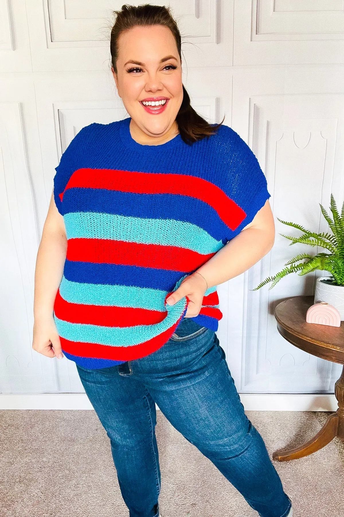 Forget Me Not Royal Blue Stripe Short Sleeve Dolman Sweater (Shipping in 1-2 Weeks)