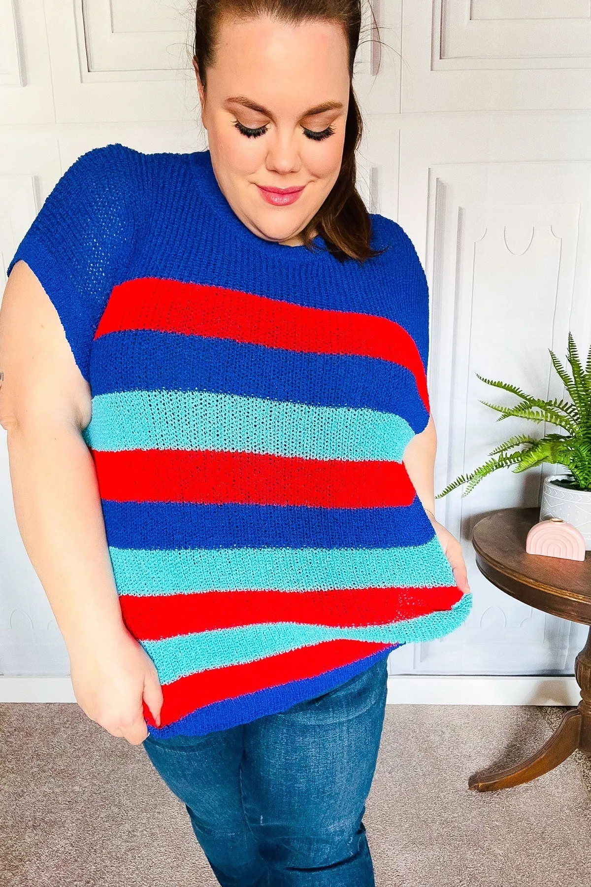 Forget Me Not Royal Blue Stripe Short Sleeve Dolman Sweater (Shipping in 1-2 Weeks)