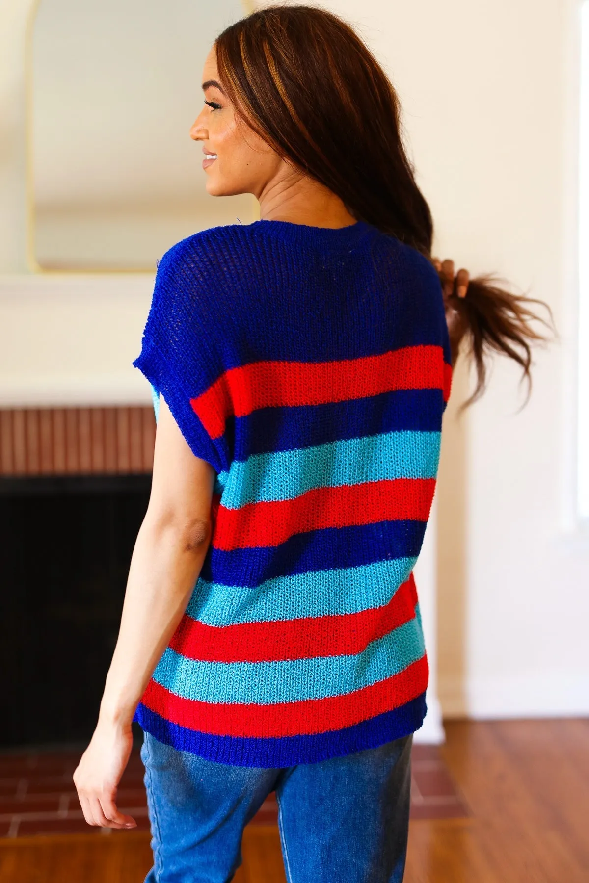 Forget Me Not Royal Blue Stripe Short Sleeve Dolman Sweater (Shipping in 1-2 Weeks)