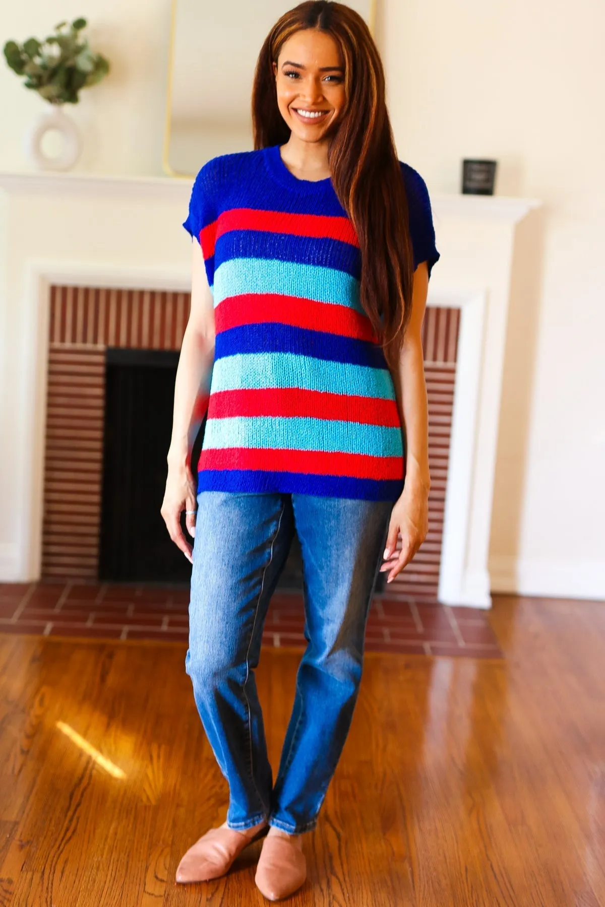 Forget Me Not Royal Blue Stripe Short Sleeve Dolman Sweater (Shipping in 1-2 Weeks)