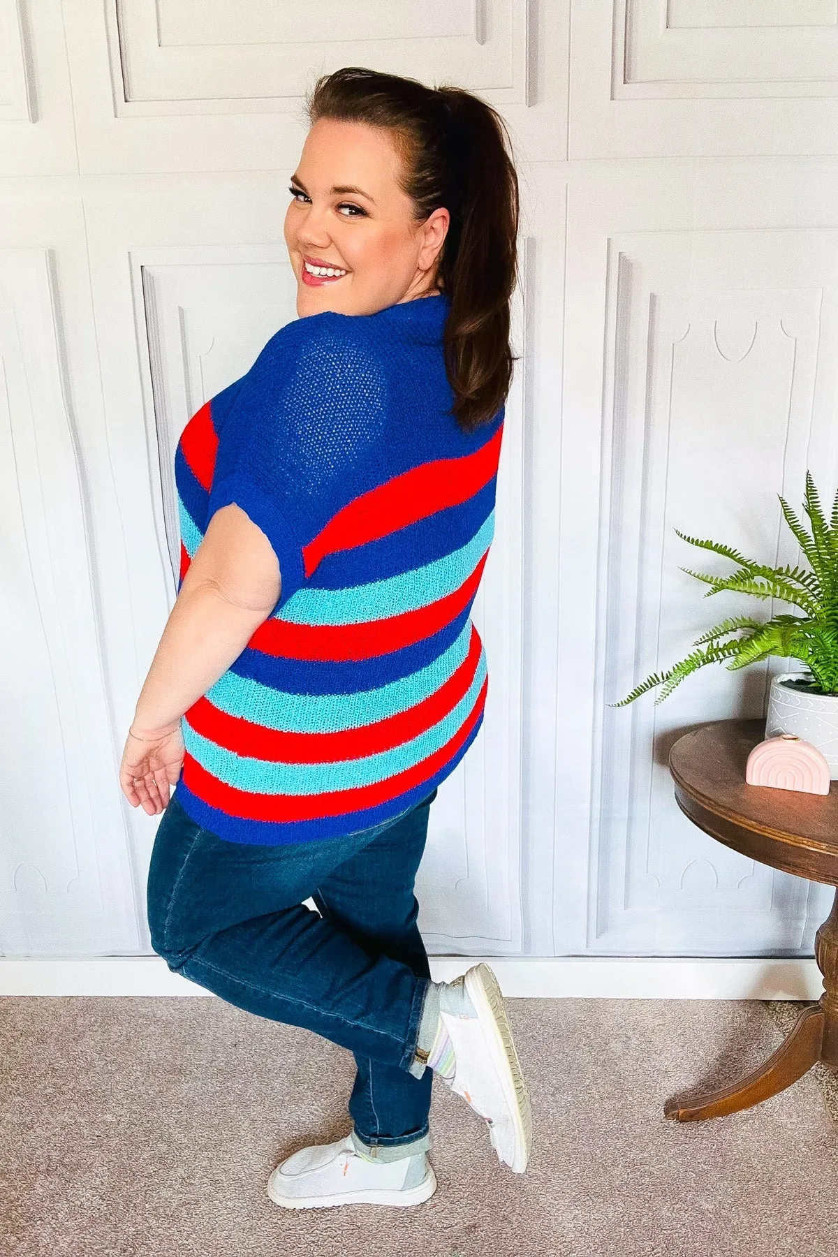 Forget Me Not Royal Blue Stripe Short Sleeve Dolman Sweater (Shipping in 1-2 Weeks)