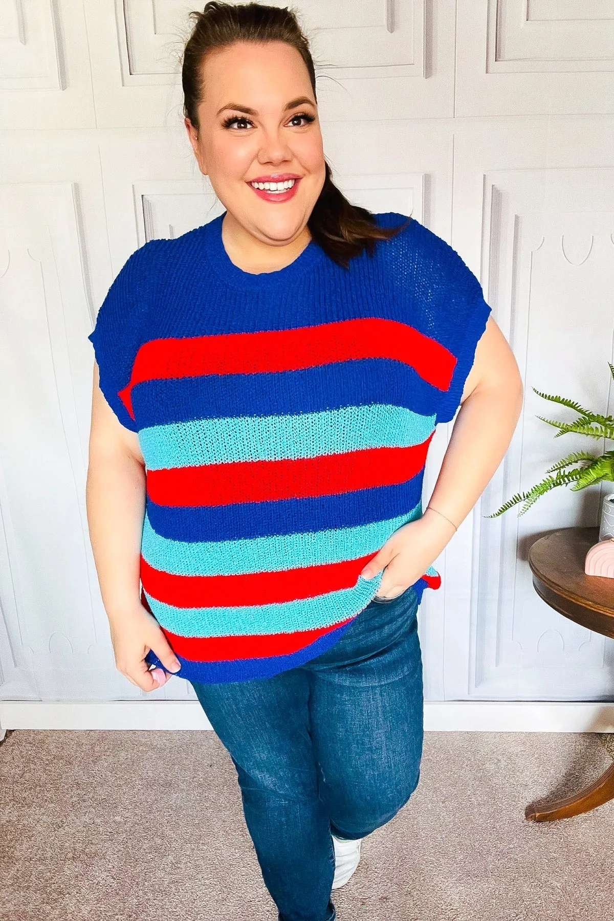 Forget Me Not Royal Blue Stripe Short Sleeve Dolman Sweater (Shipping in 1-2 Weeks)