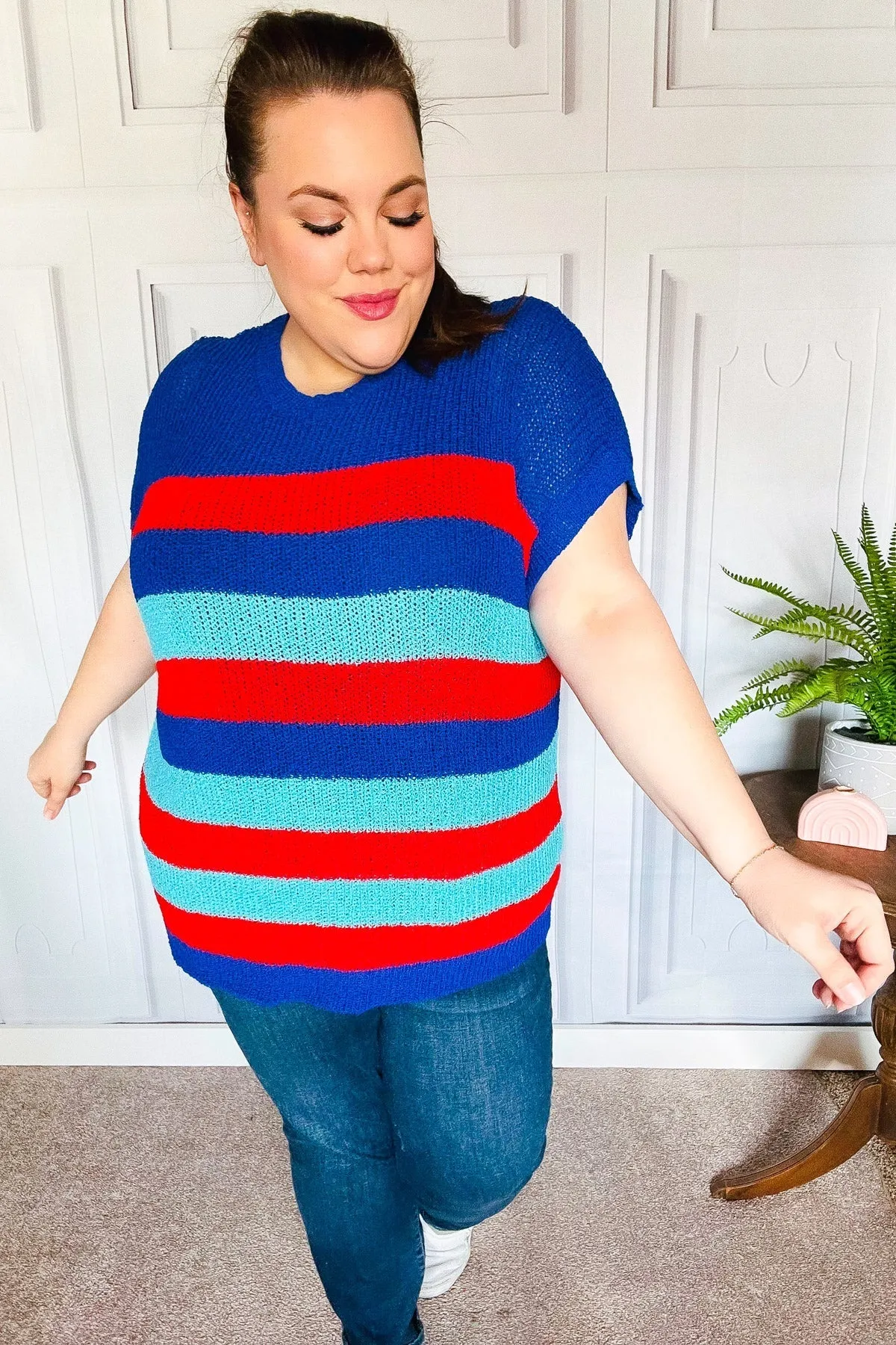 Forget Me Not Royal Blue Stripe Short Sleeve Dolman Sweater (Shipping in 1-2 Weeks)