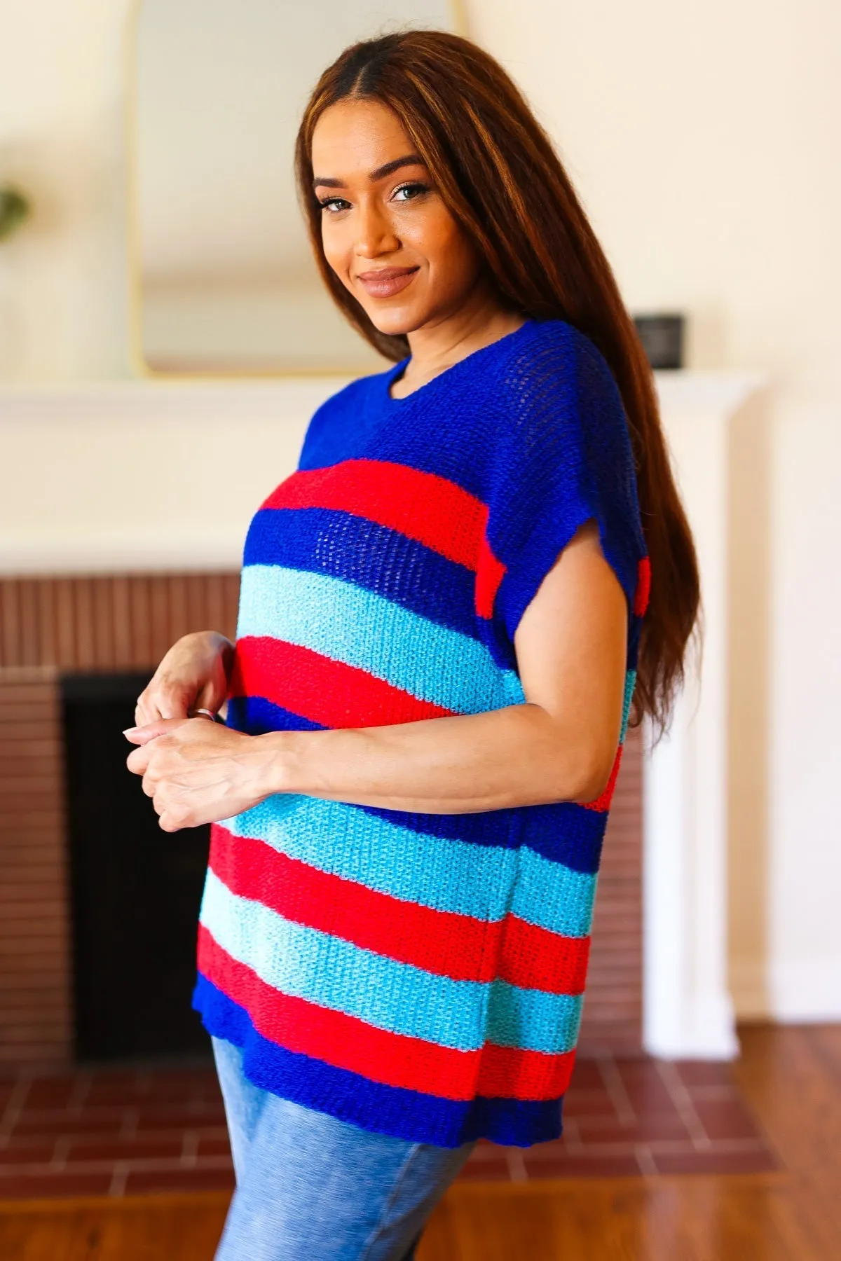 Forget Me Not Royal Blue Stripe Short Sleeve Dolman Sweater (Shipping in 1-2 Weeks)