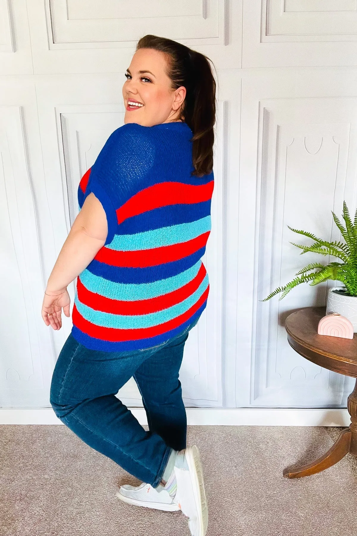 Forget Me Not Royal Blue Stripe Short Sleeve Dolman Sweater (Shipping in 1-2 Weeks)