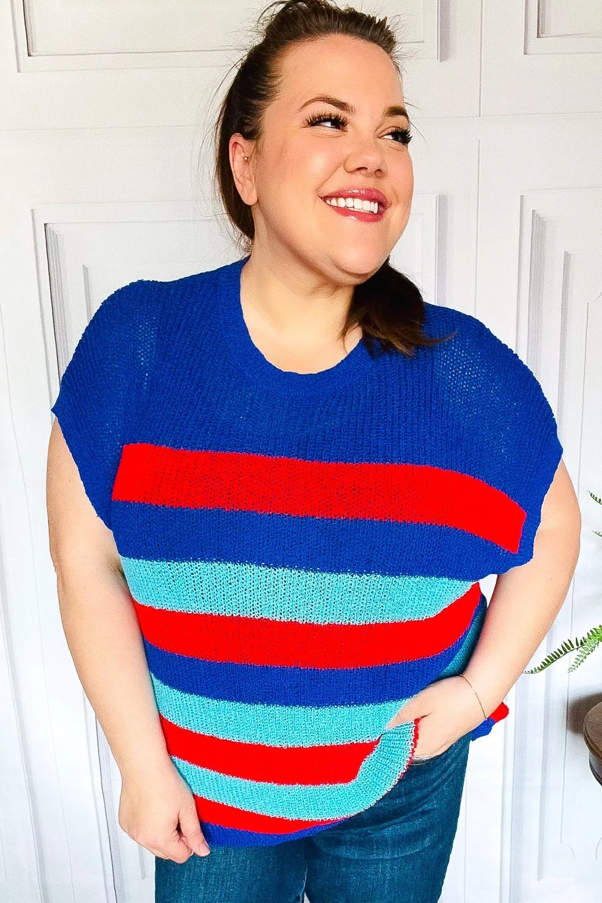 Forget Me Not Royal Blue Stripe Short Sleeve Dolman Sweater (Shipping in 1-2 Weeks)