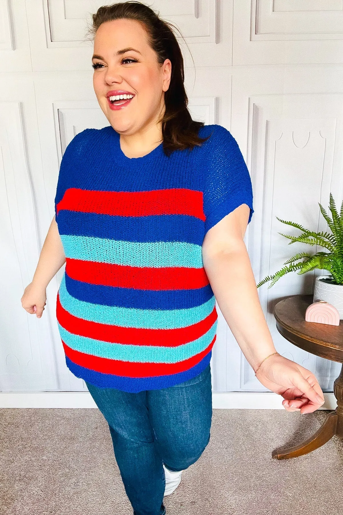 Forget Me Not Royal Blue Stripe Short Sleeve Dolman Sweater (Shipping in 1-2 Weeks)