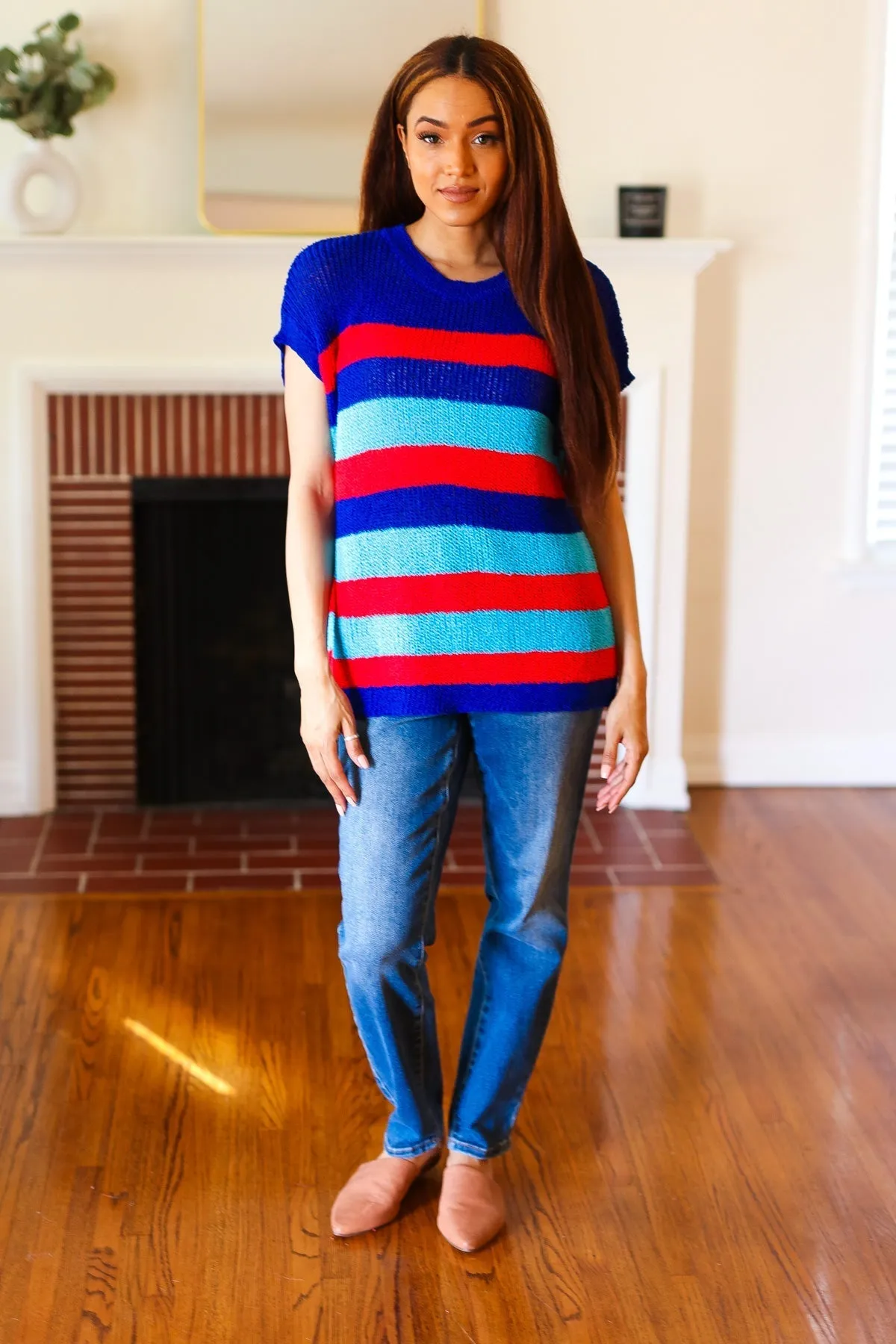 Forget Me Not Royal Blue Stripe Short Sleeve Dolman Sweater (Shipping in 1-2 Weeks)