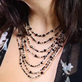 Hand Beaded Necklace - Shimmering Black and Crystal