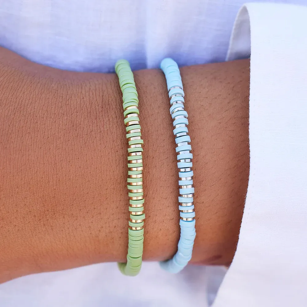 Heishi Disc & Metal Stretch Bead Bracelet in Blue and Silver Pura Vida