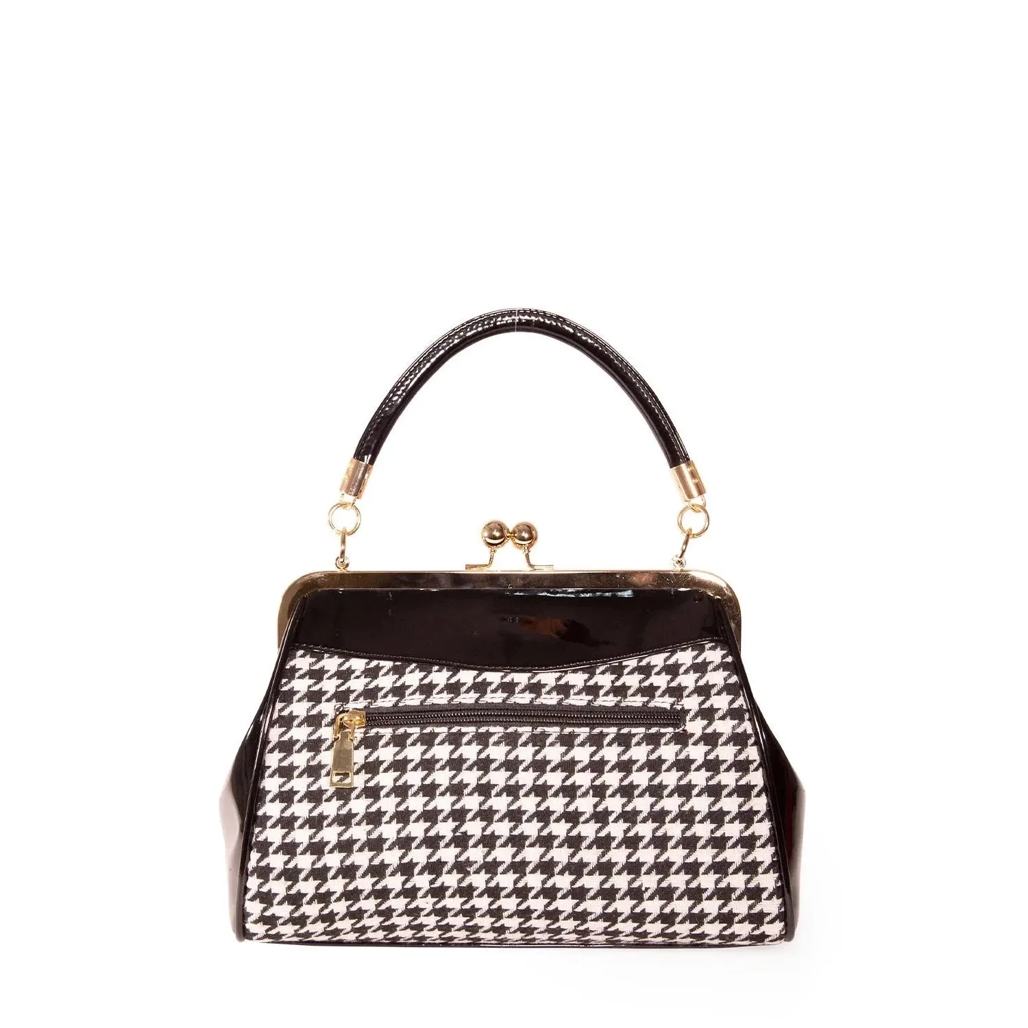 Houndstooth Check Handbag With Bow & Gold Frame