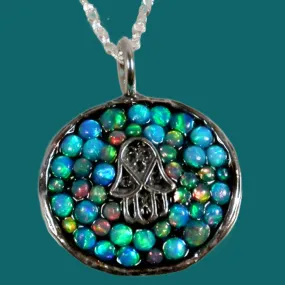 Jewish Jewelry Hamsa Necklace set with blue opals: For Protection and Serenity