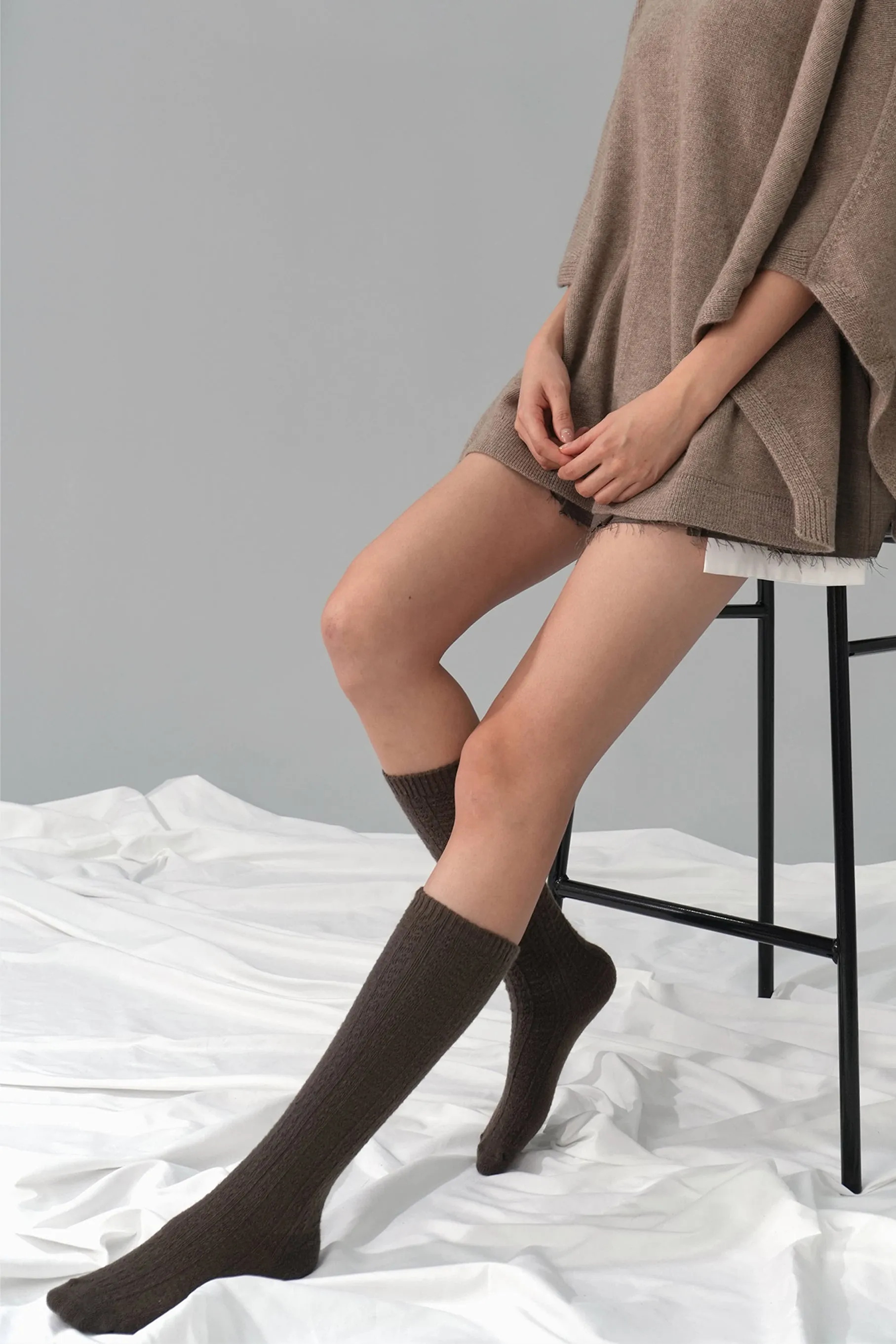 Knit Cashmere Wool Socks, Mocha Brown