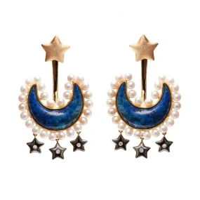 Lapis Lazuli Moon Jacket Earrings with Pearls in Vermeil Gold