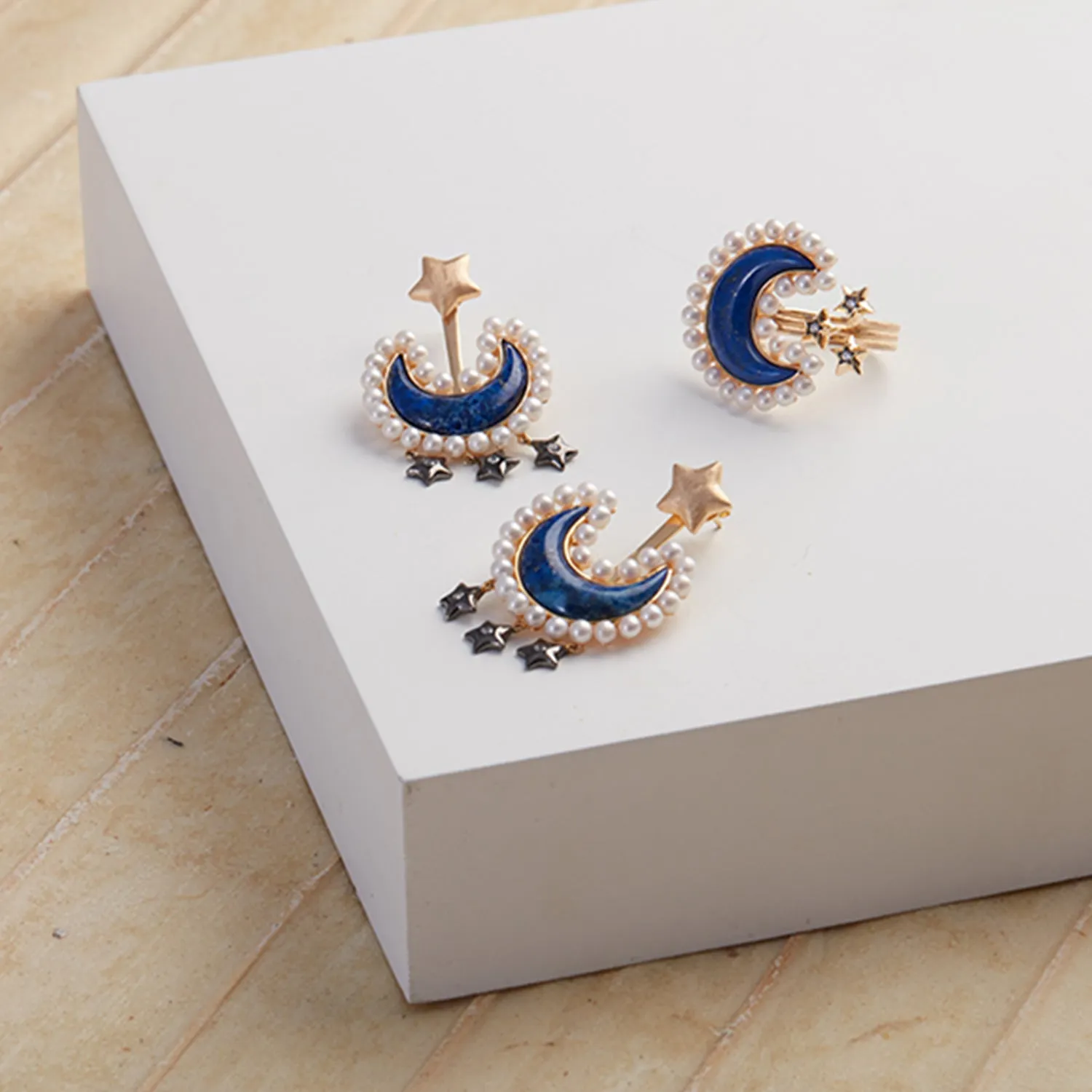 Lapis Lazuli Moon Jacket Earrings with Pearls in Vermeil Gold