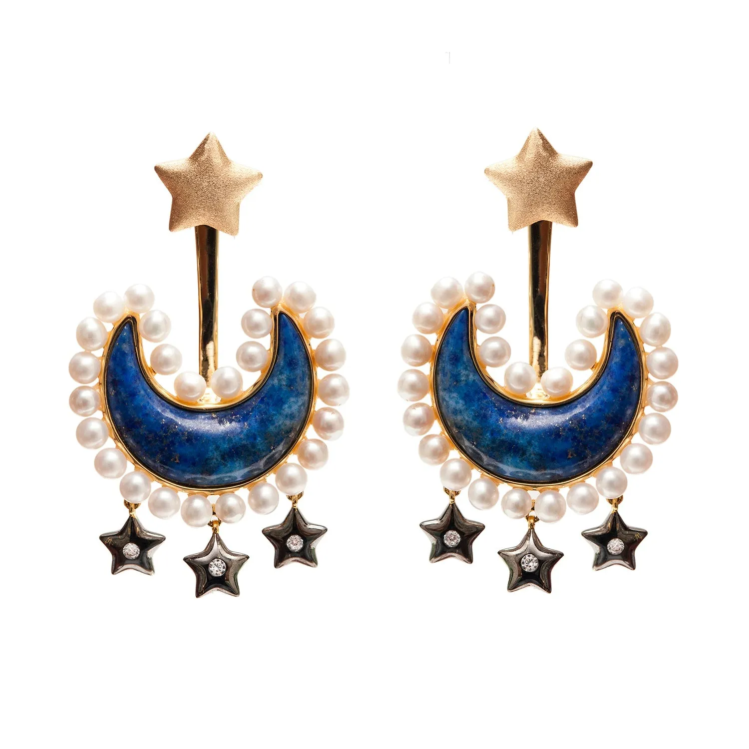 Lapis Lazuli Moon Jacket Earrings with Pearls in Vermeil Gold