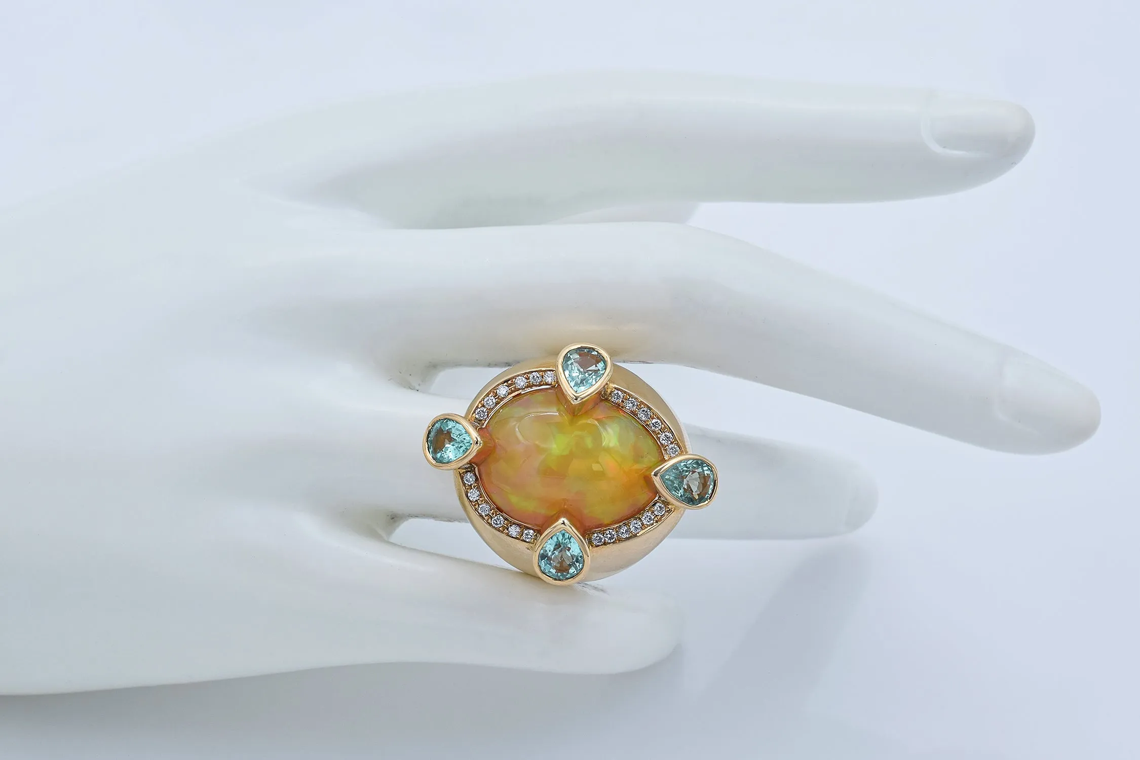 M. Oliva 14K Yellow Gold 12.78 Ct African Opal, Blue Tourmaline & Diamond Ring