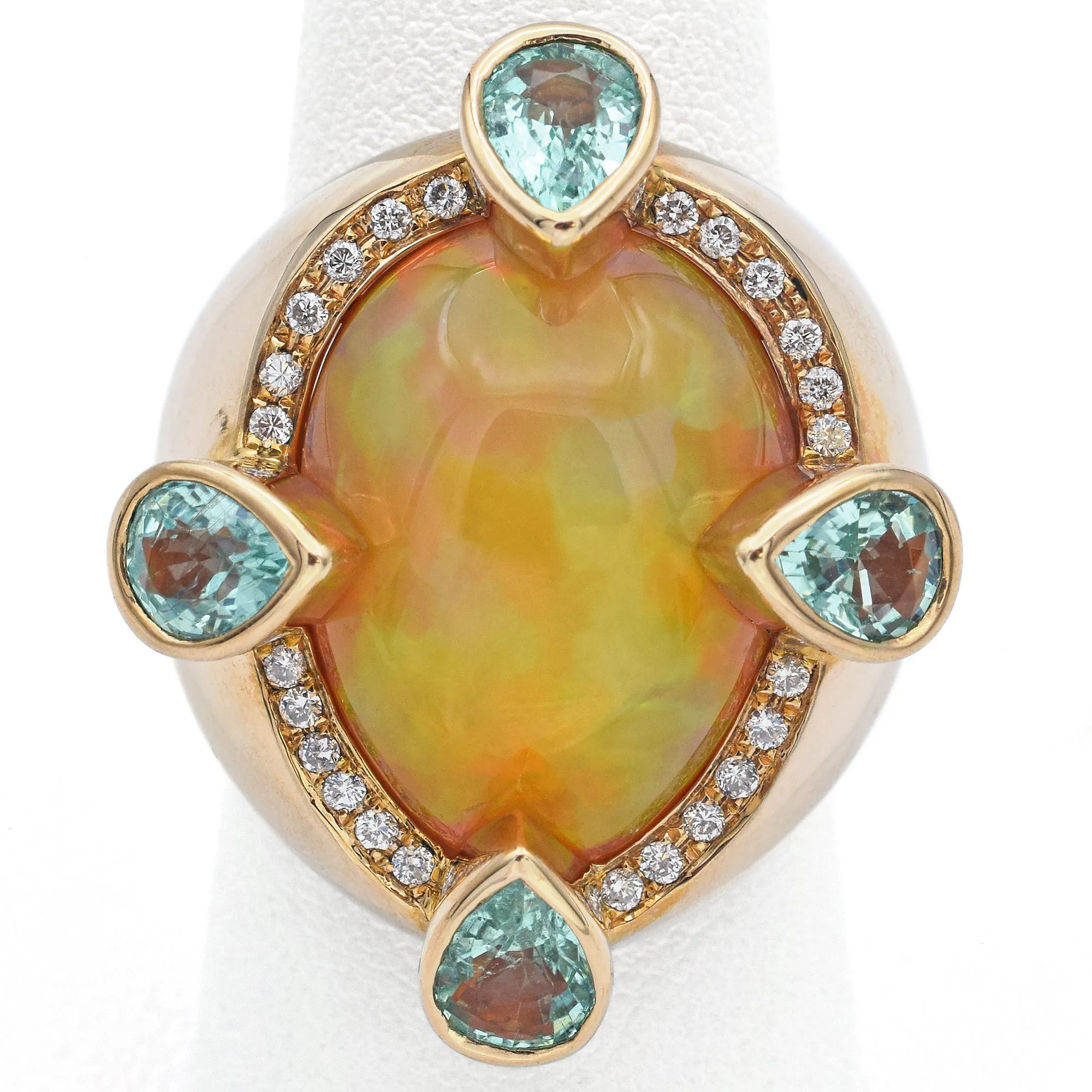 M. Oliva 14K Yellow Gold 12.78 Ct African Opal, Blue Tourmaline & Diamond Ring