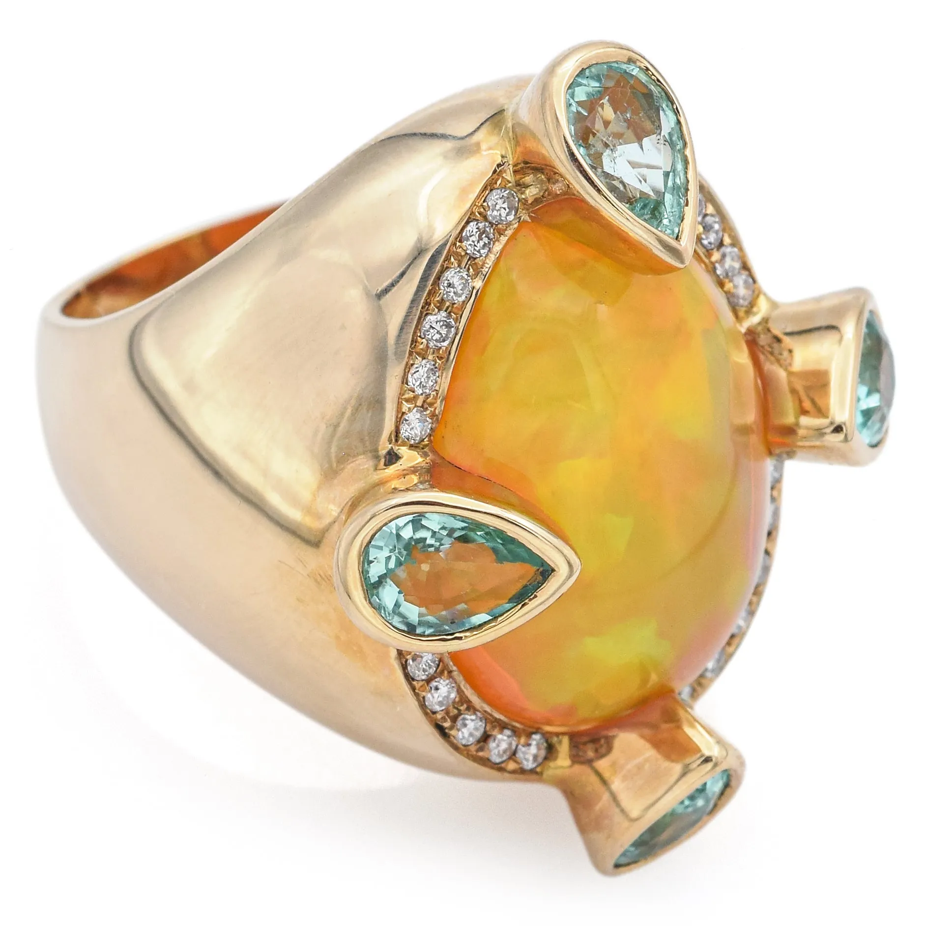 M. Oliva 14K Yellow Gold 12.78 Ct African Opal, Blue Tourmaline & Diamond Ring