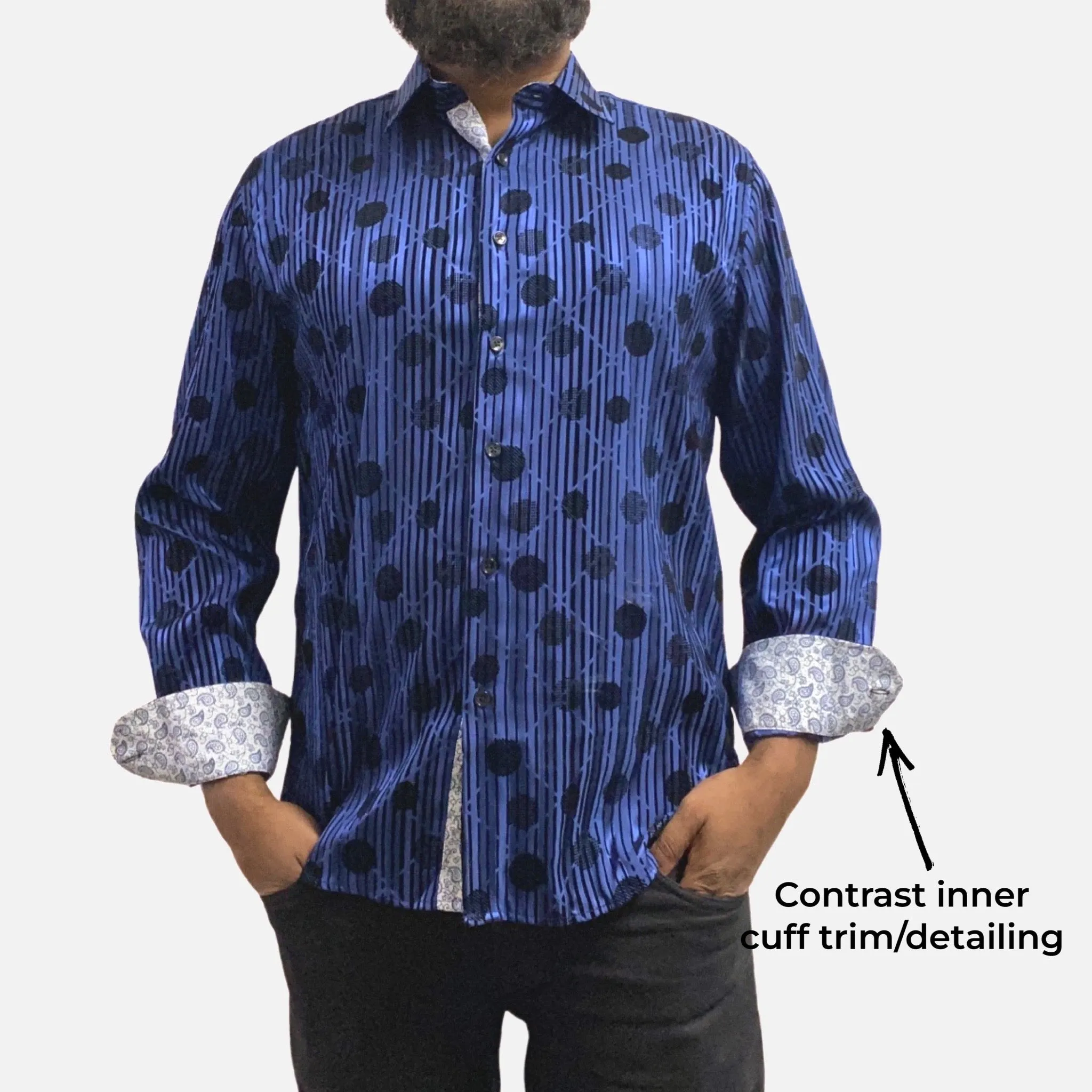 Men's Slim Fit Blue Button-Up Shirt with Black Dot and Stripe Flocking Designer