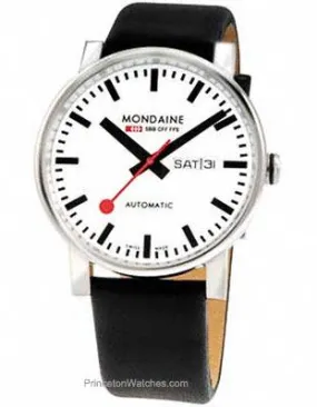 Mondaine Mens Day/Date Automatic Watch - White Dial - Black Leather Strap