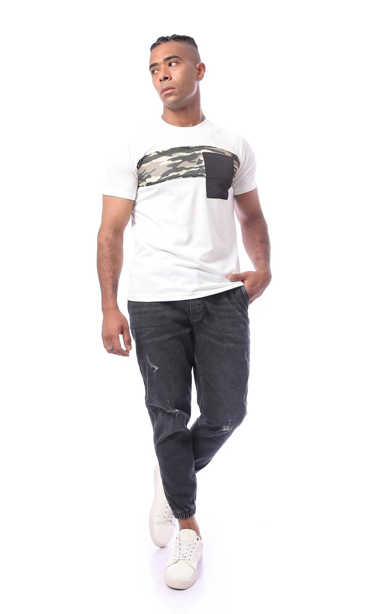 O170509 White Camouflage Comfortable Tee With Pockets