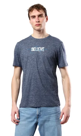 O179356 Believe Heather Navy Blue Printed Regular Tee