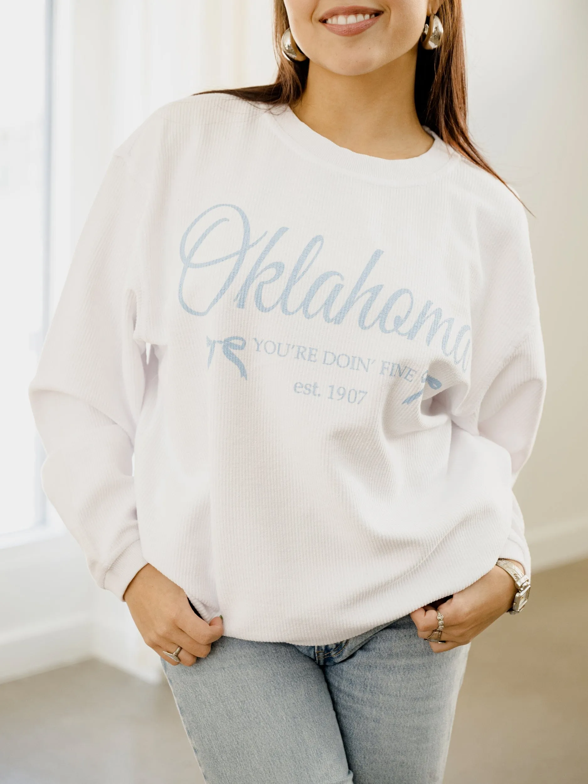 Oklahoma Est. Bows White Corded Crew Sweatshirt