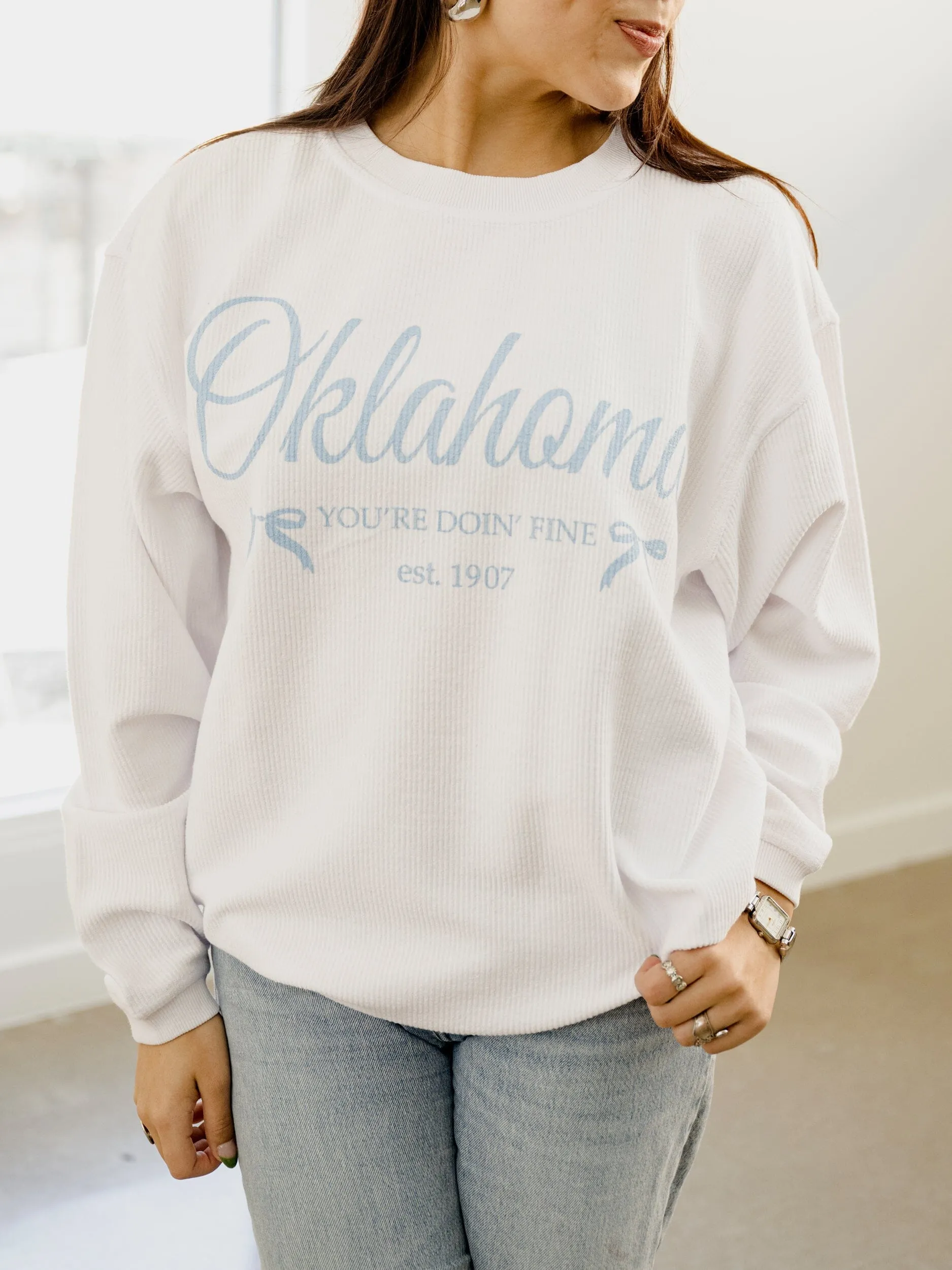 Oklahoma Est. Bows White Corded Crew Sweatshirt