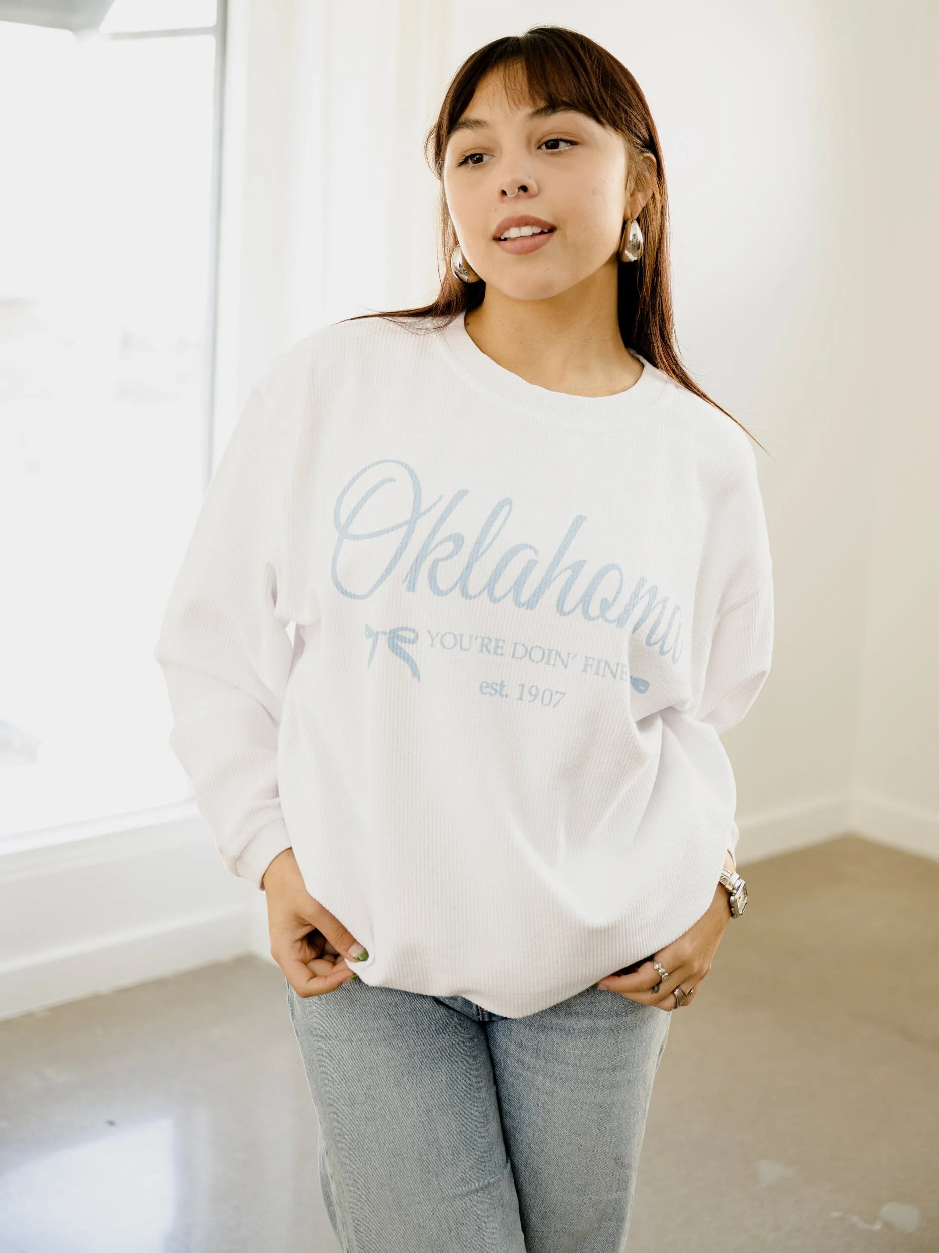 Oklahoma Est. Bows White Corded Crew Sweatshirt