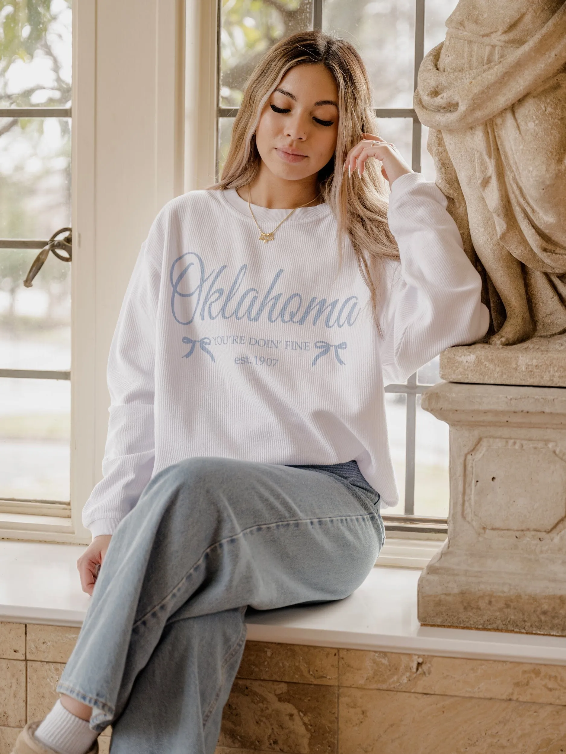 Oklahoma Est. Bows White Corded Crew Sweatshirt