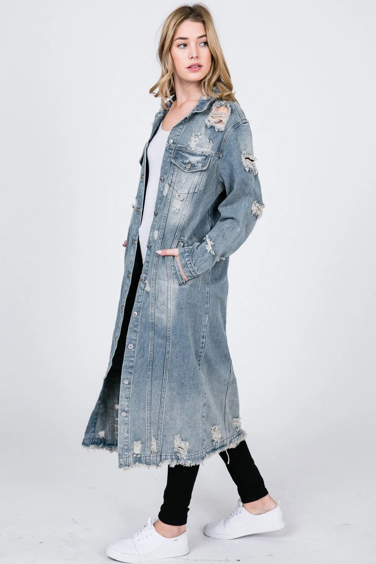 Out And About Maxi Distressed Denim Coat - PLUS