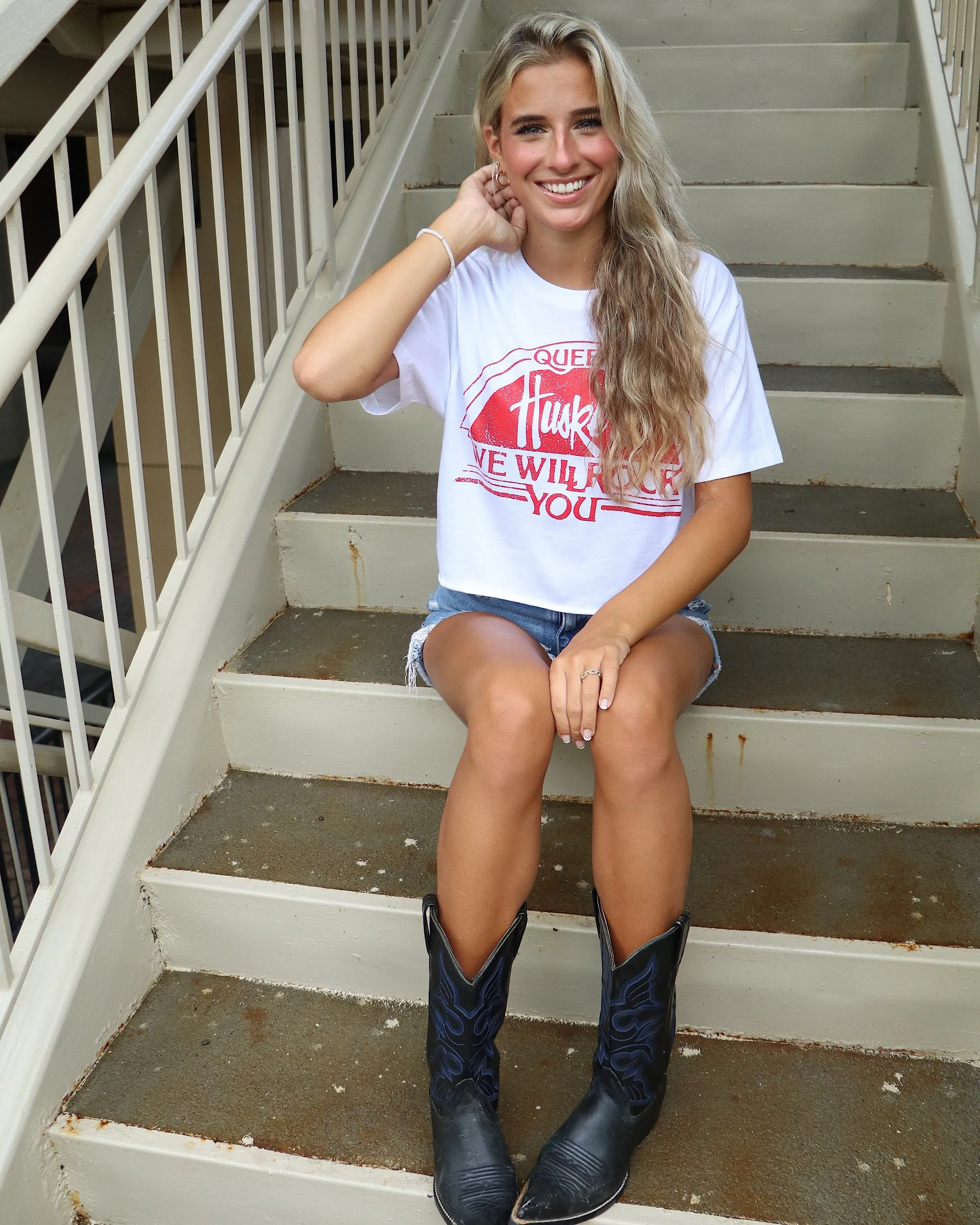 Queen Nebraska Huskers Will Rock You White Cropped Tee