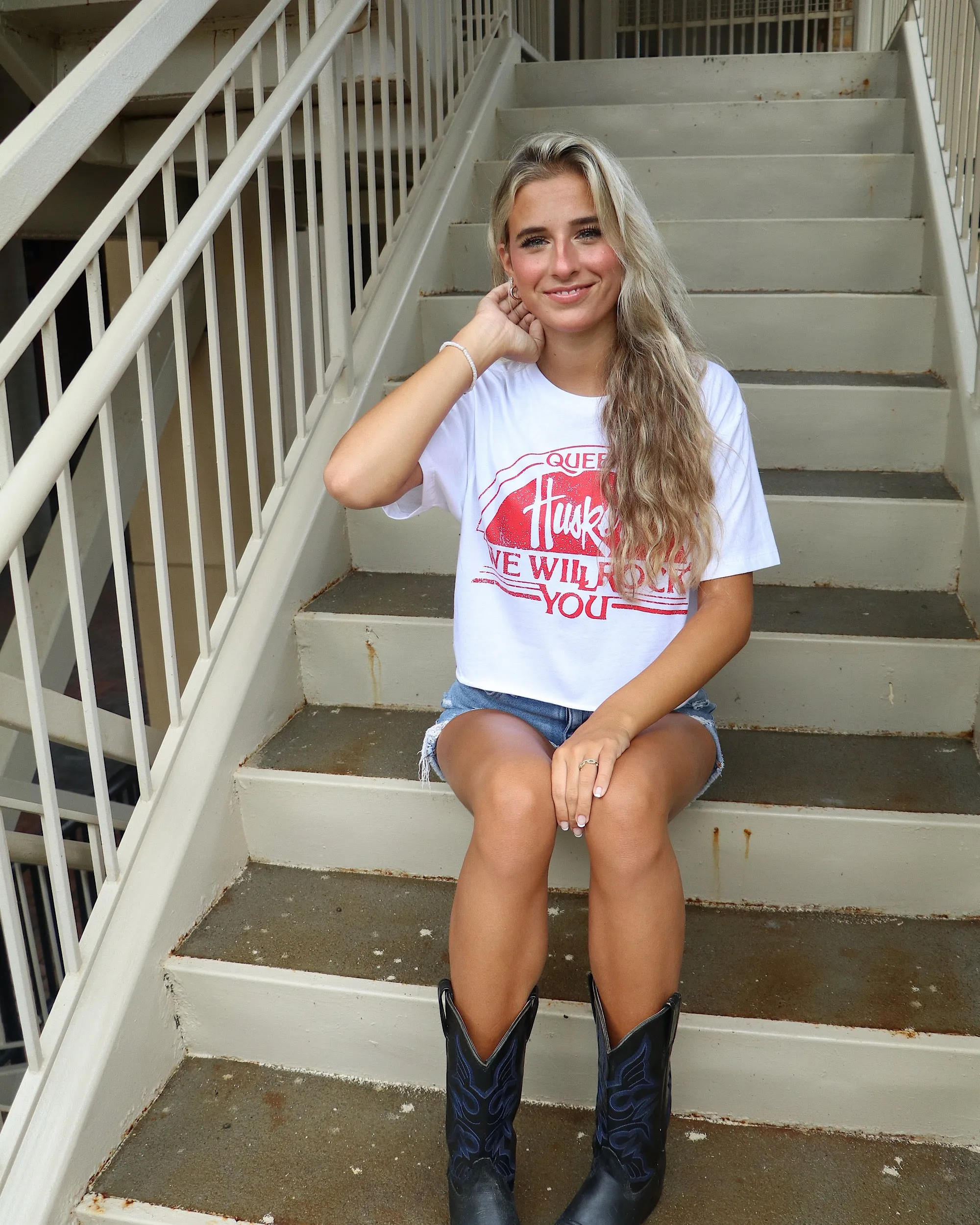 Queen Nebraska Huskers Will Rock You White Cropped Tee