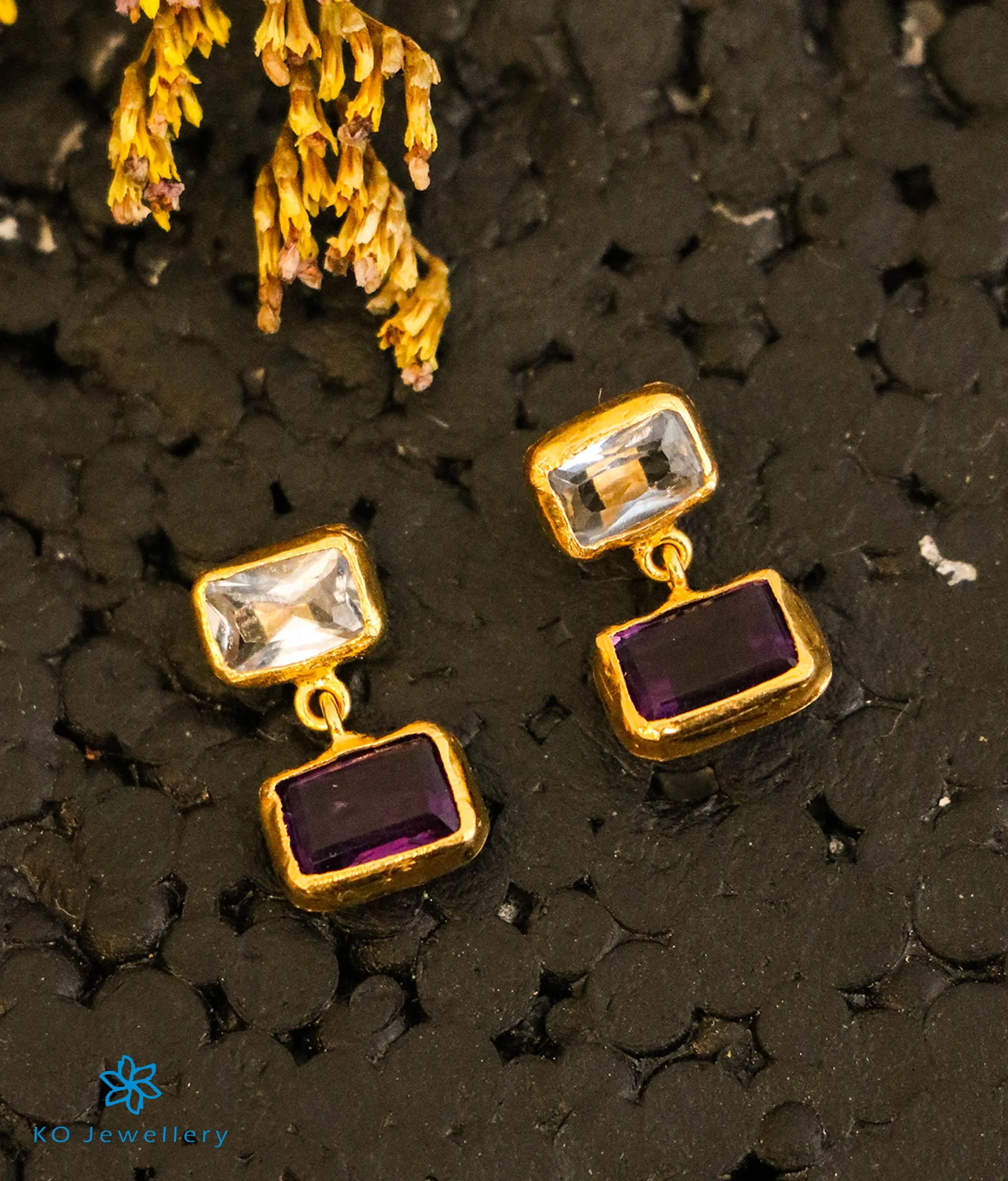 Rectangle Blue Topaz & Amethyst Earrings in 22 KT Gold