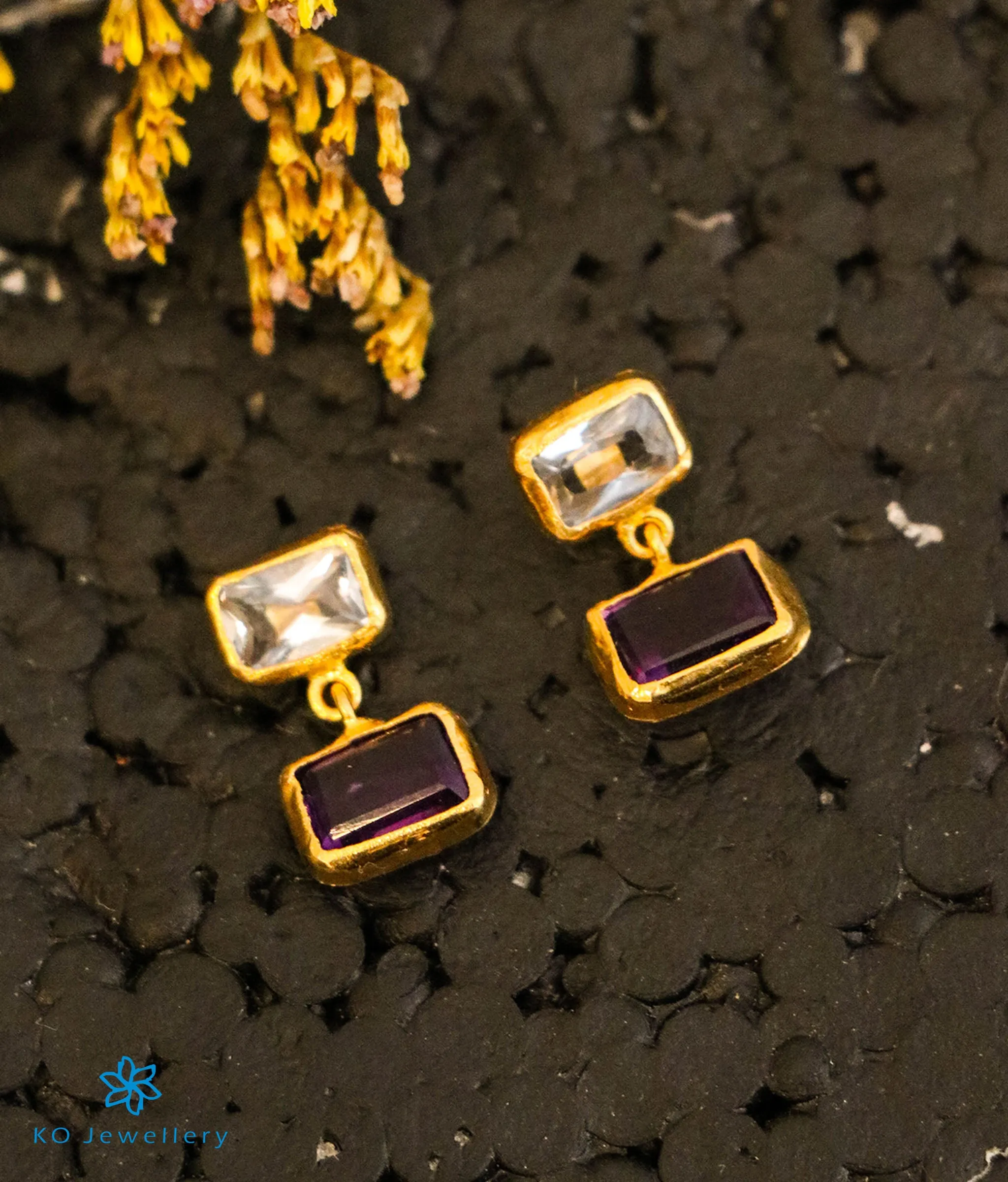 Rectangle Blue Topaz & Amethyst Earrings in 22 KT Gold