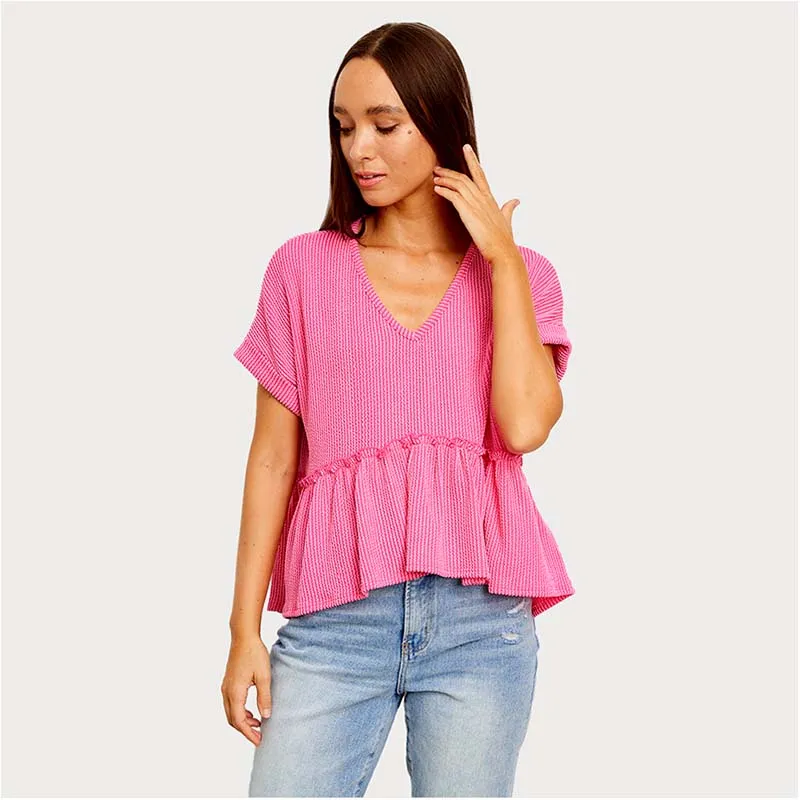 Short Sleeve Ribbed V-Neck Babydoll Top