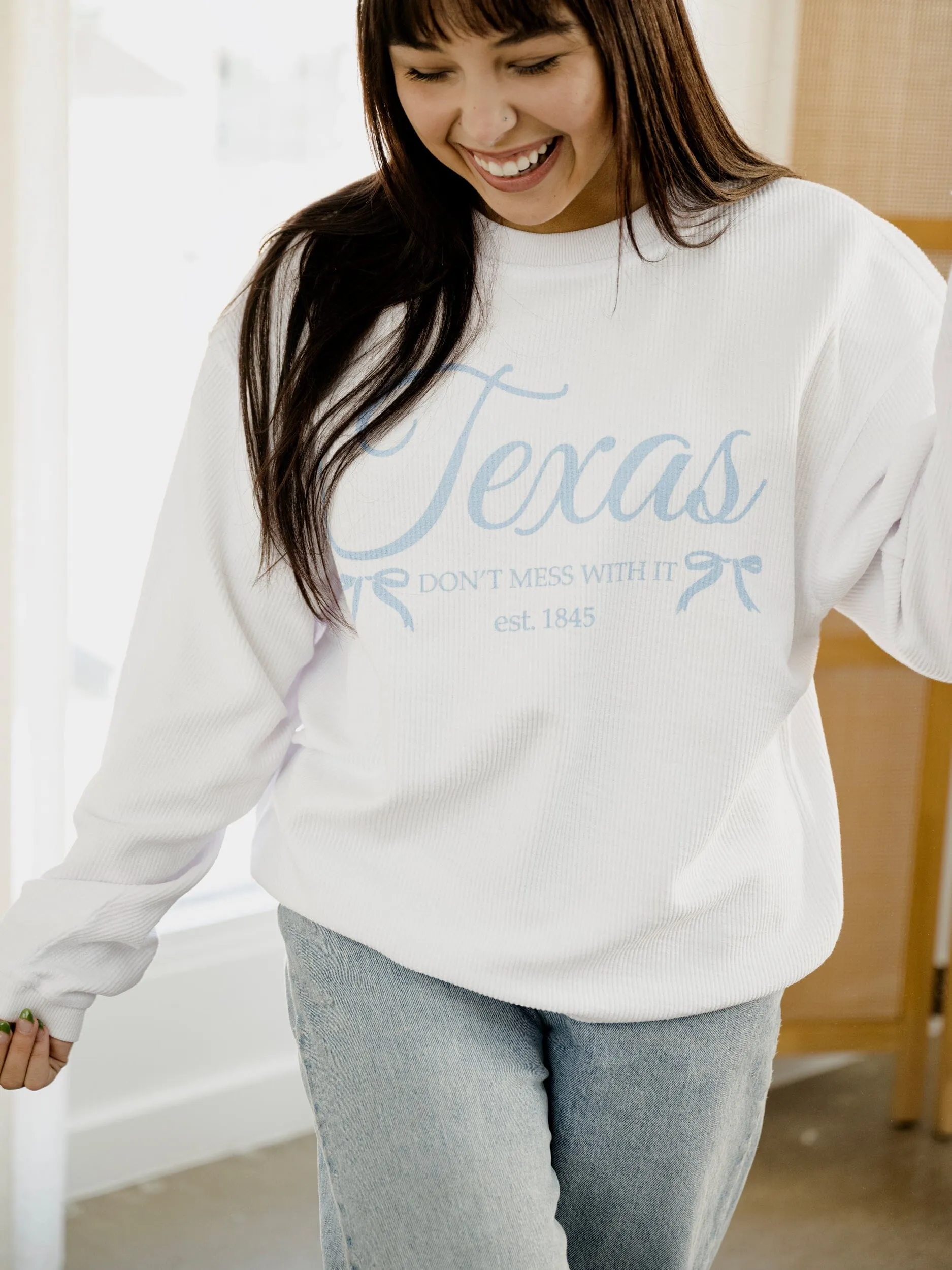 Texas Est. Bows White Corded Crew Sweatshirt