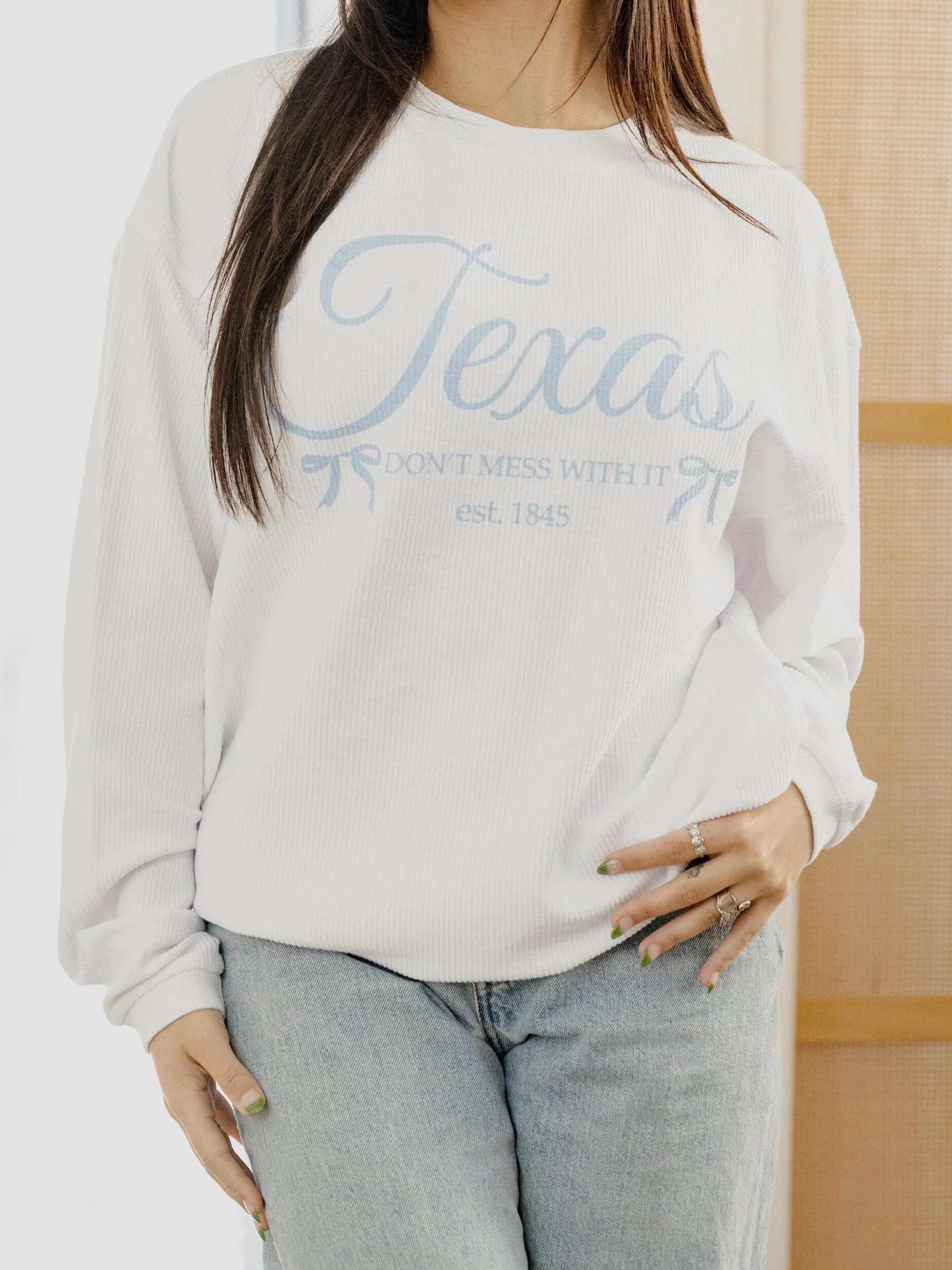 Texas Est. Bows White Corded Crew Sweatshirt