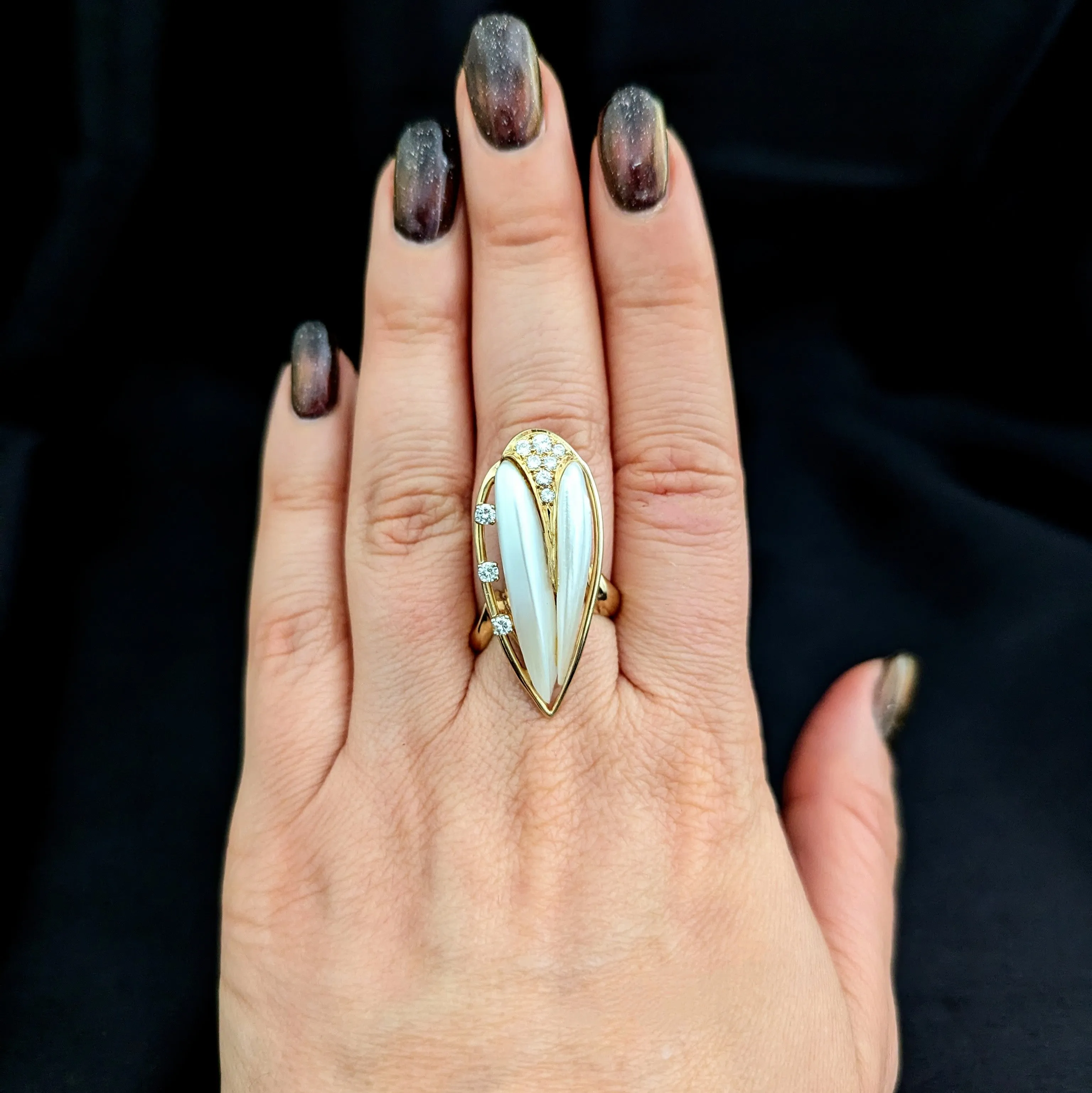 The Sandown - Estate Stick Pearl Diamond 14k Gold Cocktail Ring