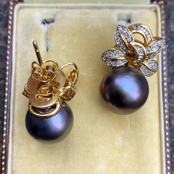 Vintage Black Pearl & Diamond Earrings