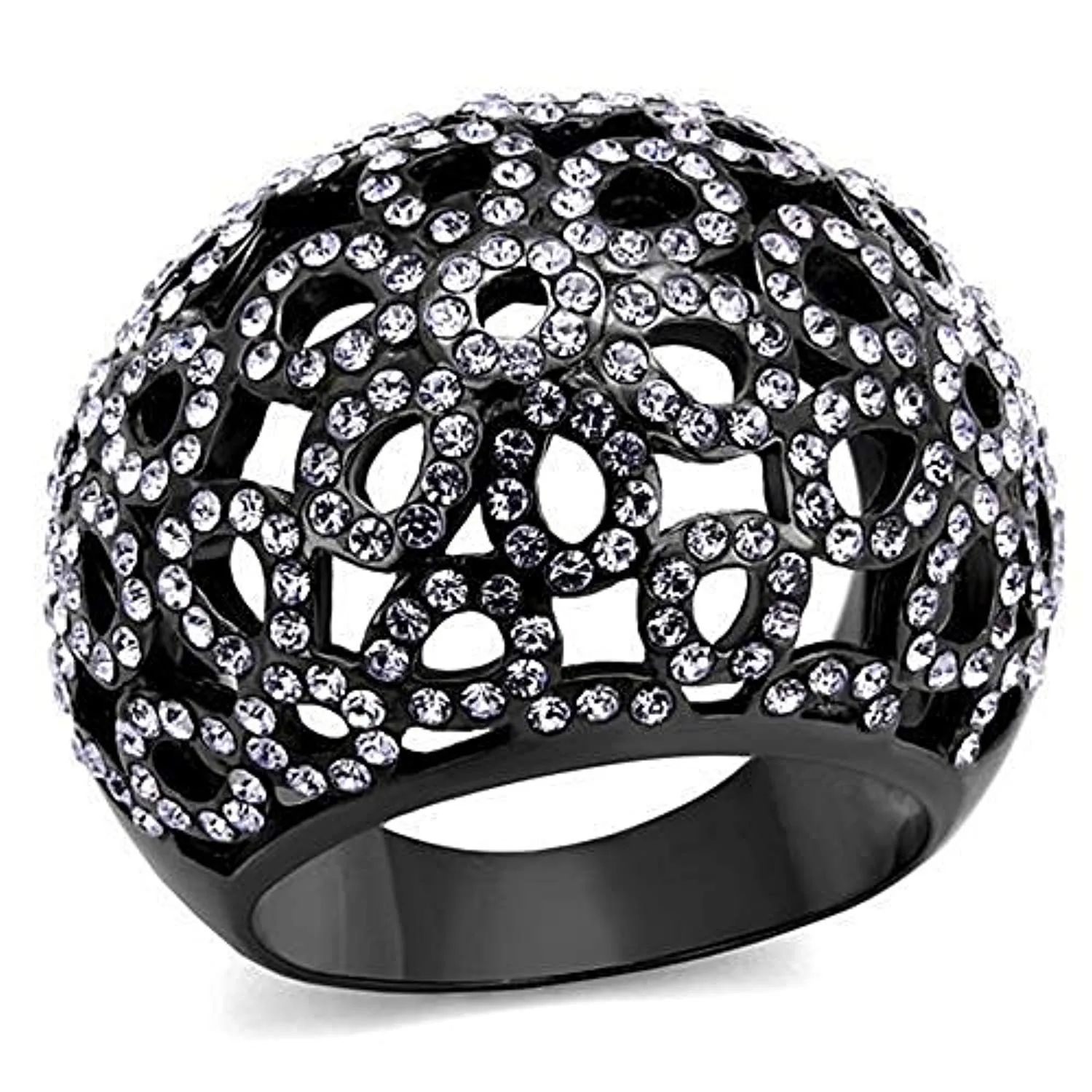 WildKlass Stainless Steel Ring IP Light Black (IP Gun) Women Top Grade Crystal Tanzanite